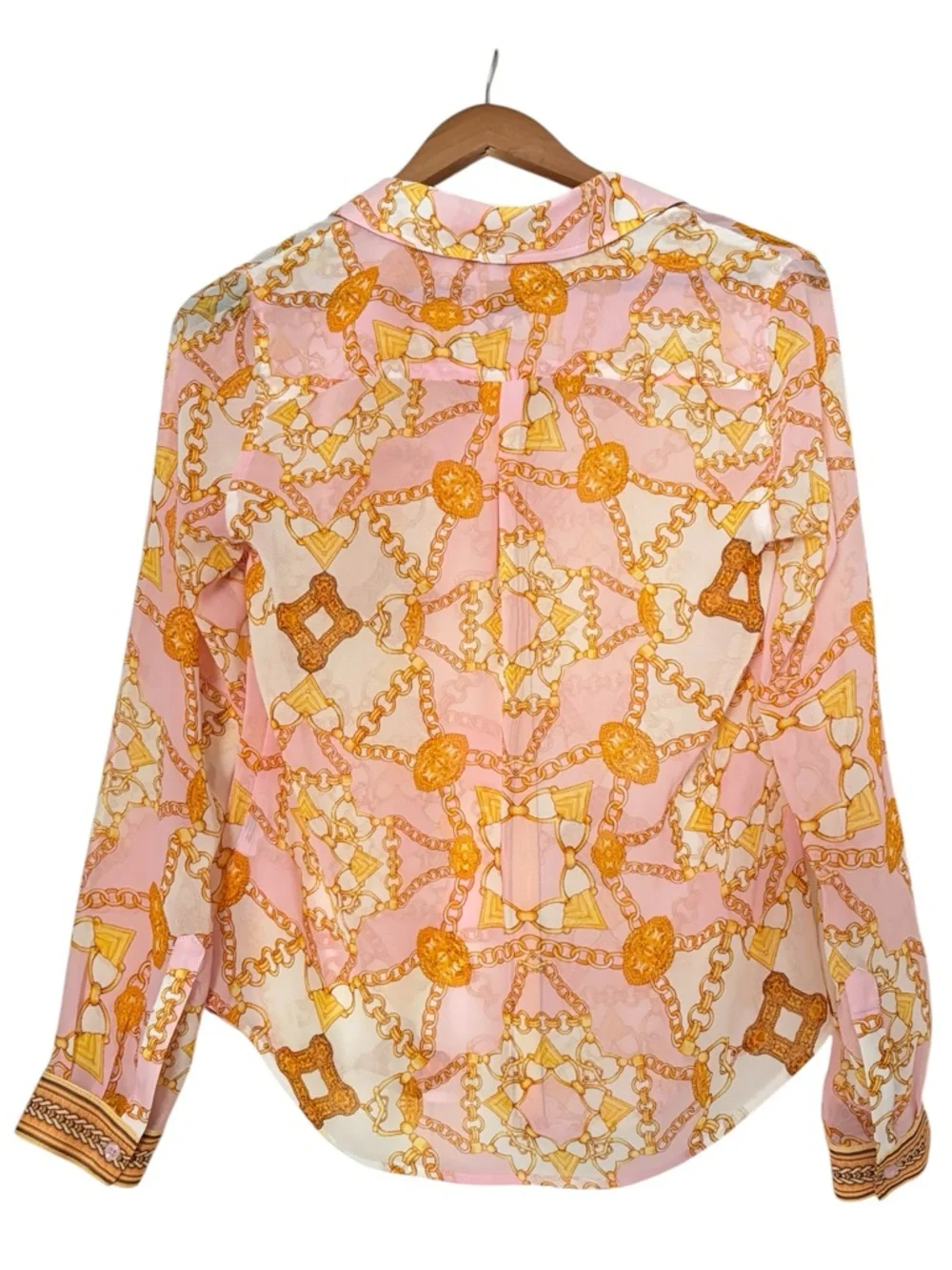 Guess women's Madyson long sleeves shirt pink and gold chain print size XS/S - Picture 7 of 9
